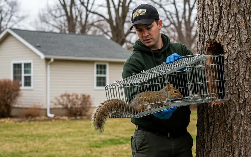 Technician removing a squirrel in a humane trap